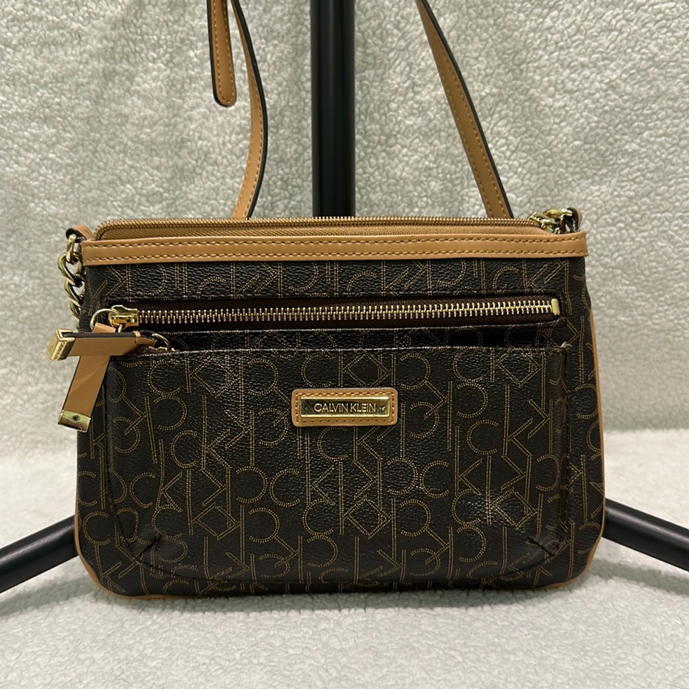 Calvin Klein Crossbody Bag Brown and Tan with Gold Tone Hardware